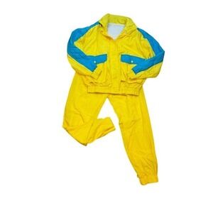 VTG Women Yellow Blue Colorblock Tracksuit Set Windbreaker Jacket Jogger Pants M